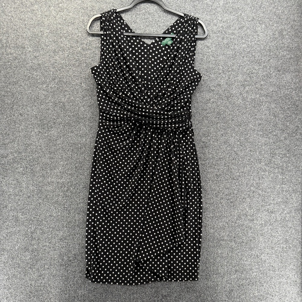 Lauren Ralph Dress 10 Black Polka Dots Wrap V-Neck Old Money Pinup Quiet Luxury